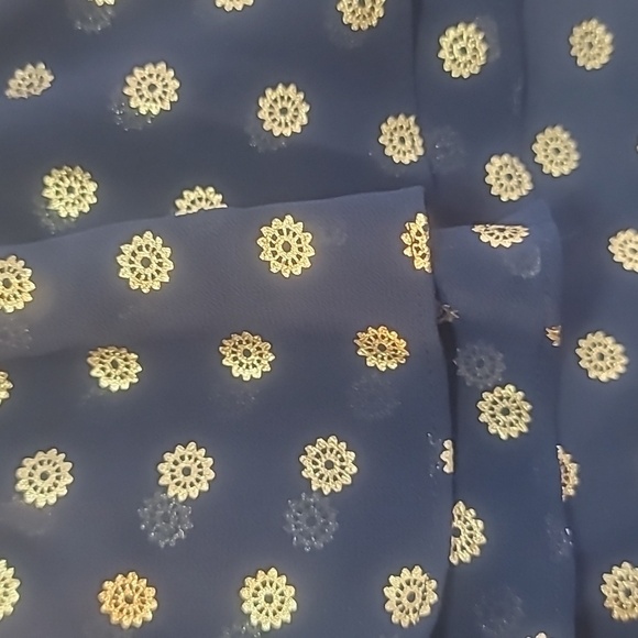 Michael Kors navy blue gold medallion print blouse ruffles bows sz XL sheer - Picture 4 of 10